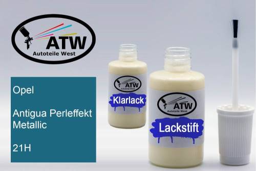 Opel, Antigua Perleffekt Metallic, 21H: 20ml Lackstift + 20ml Klarlack - Set, von ATW Autoteile West.